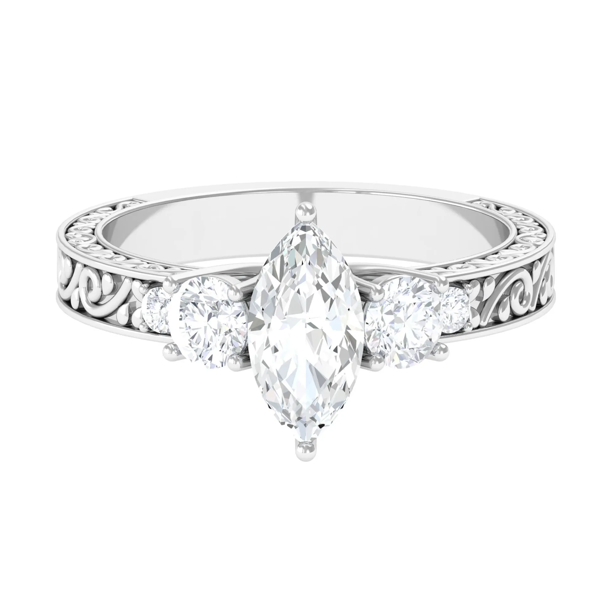 Certified Zircon Three Stone Engraved Band Ring