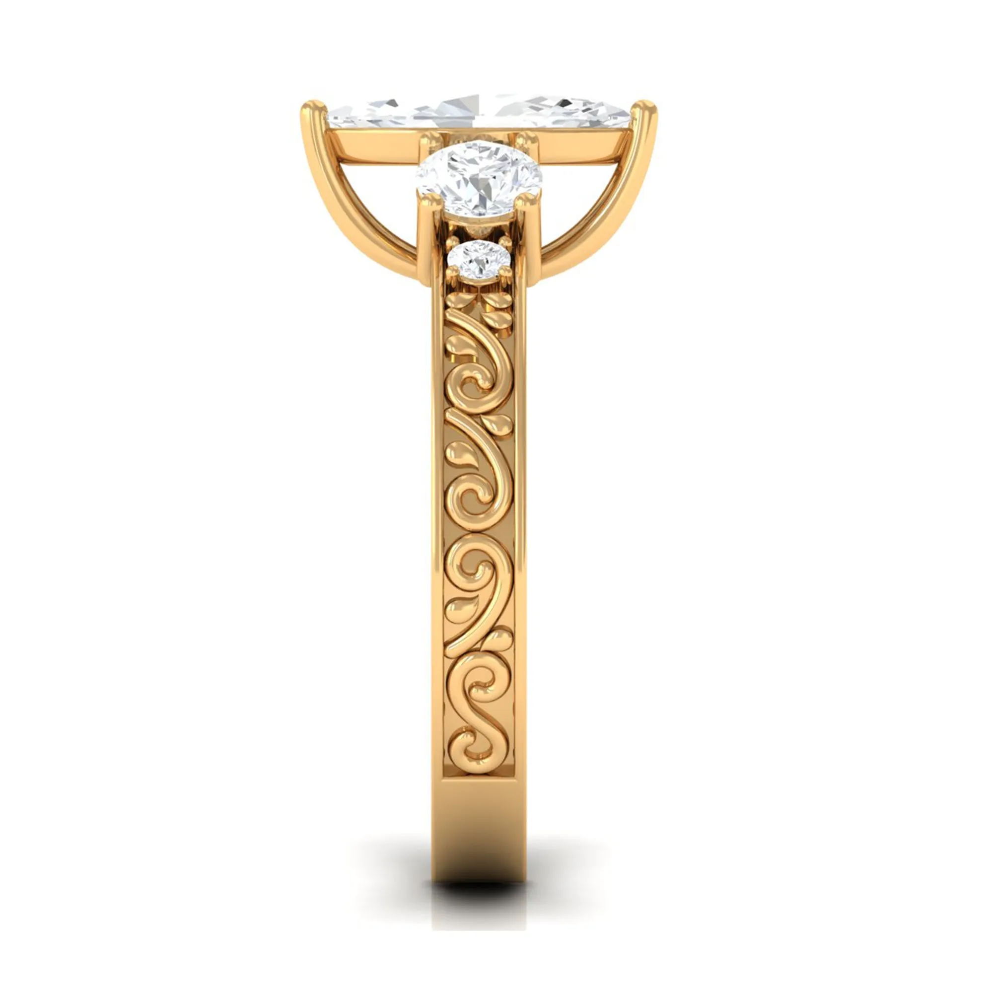 Certified Zircon Three Stone Engraved Band Ring