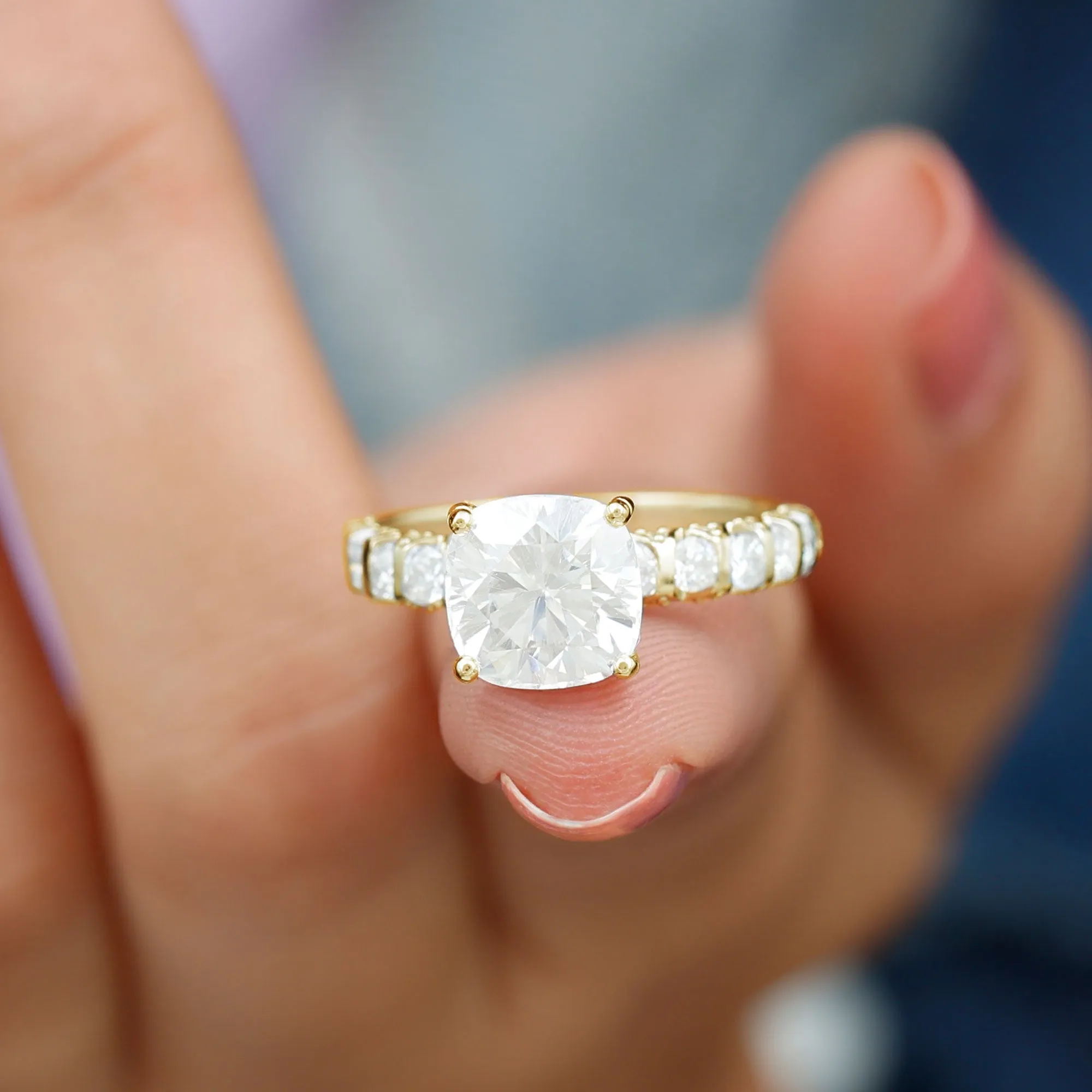 Cushion Cut Zircon Engagement Ring with Side Stones