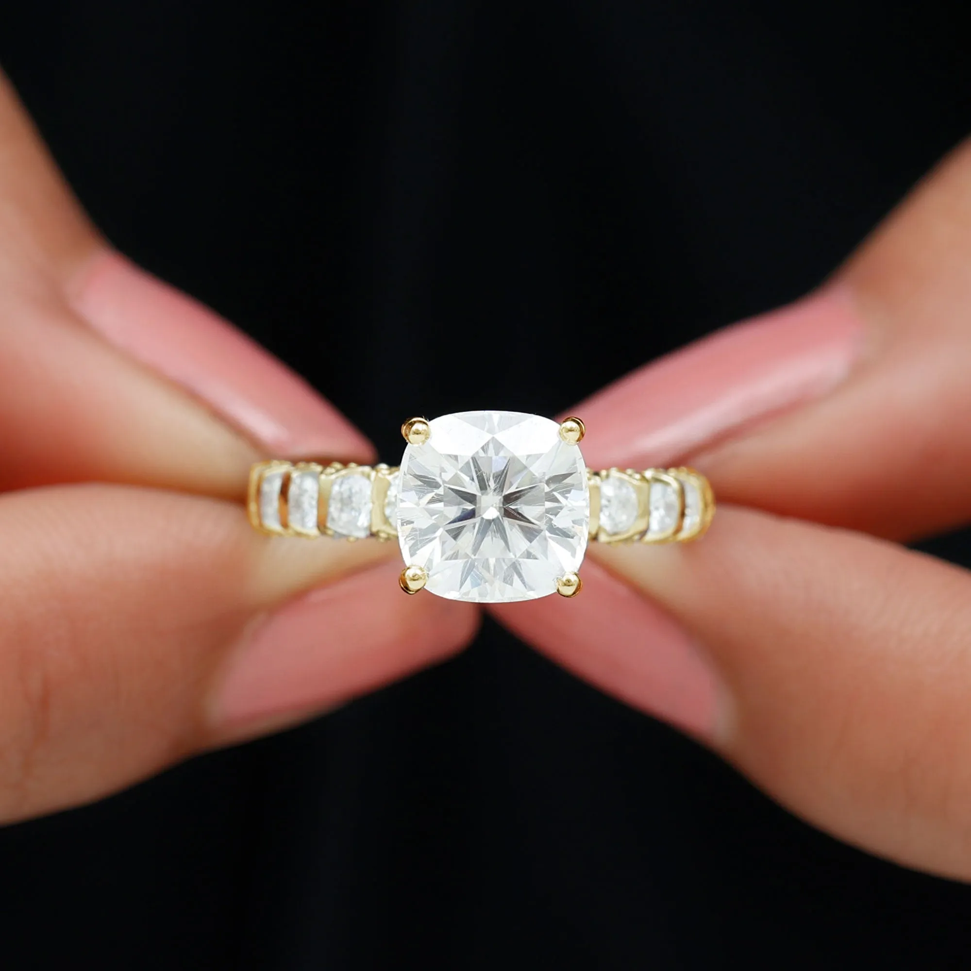 Cushion Cut Zircon Engagement Ring with Side Stones