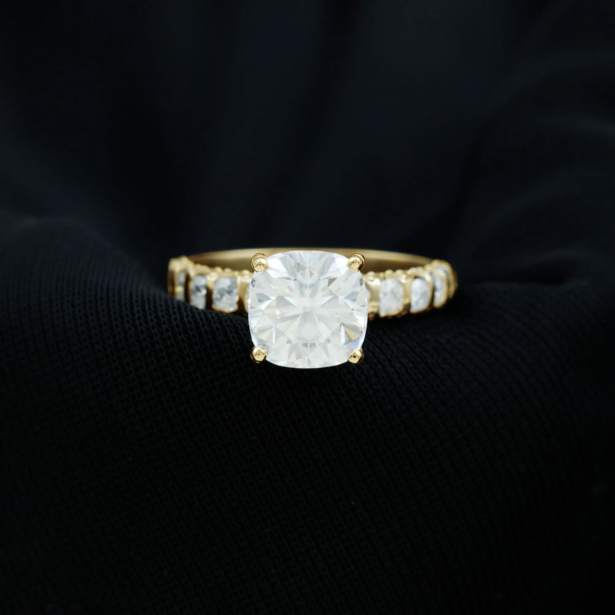 Cushion Cut Zircon Engagement Ring with Side Stones