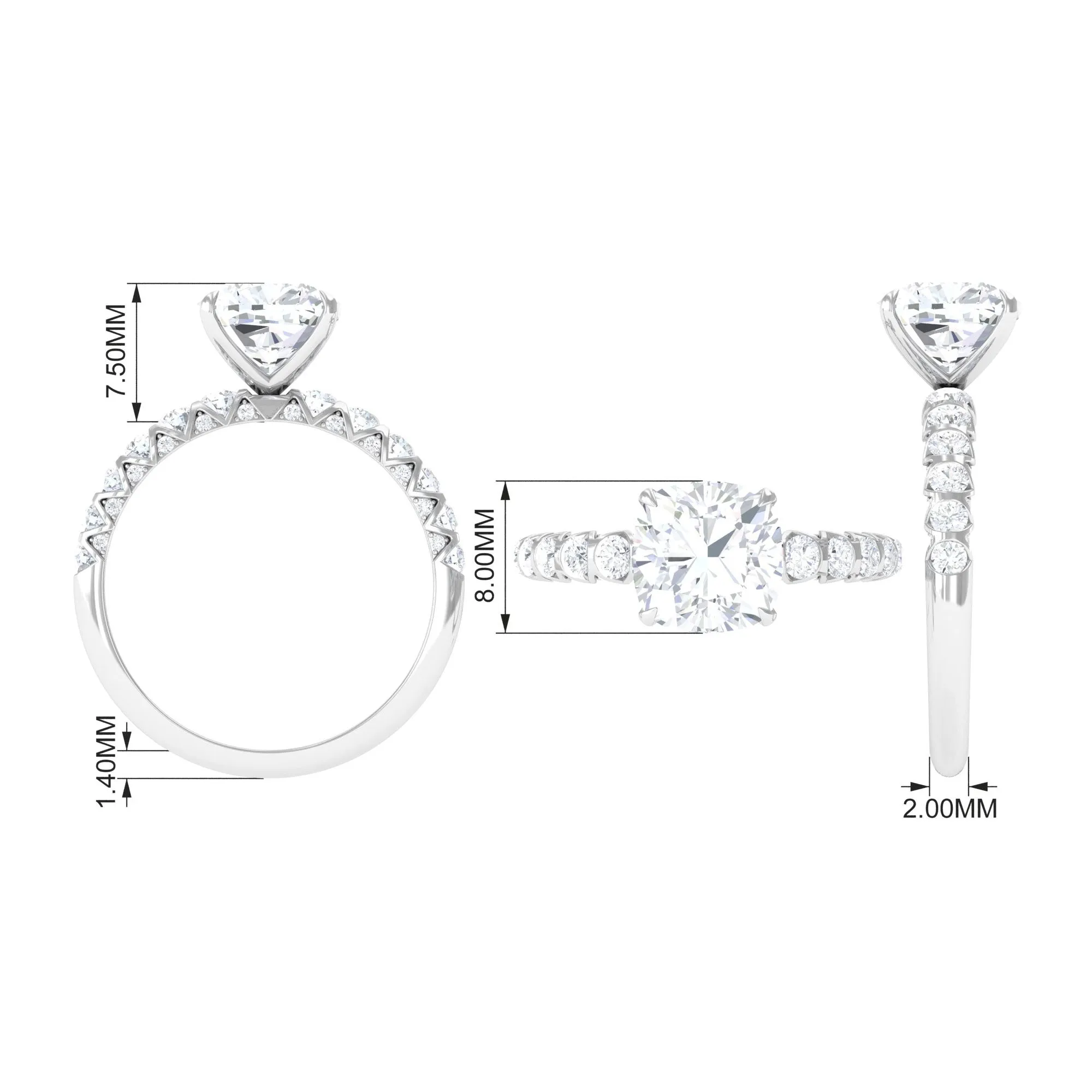 Cushion Cut Zircon Engagement Ring with Side Stones