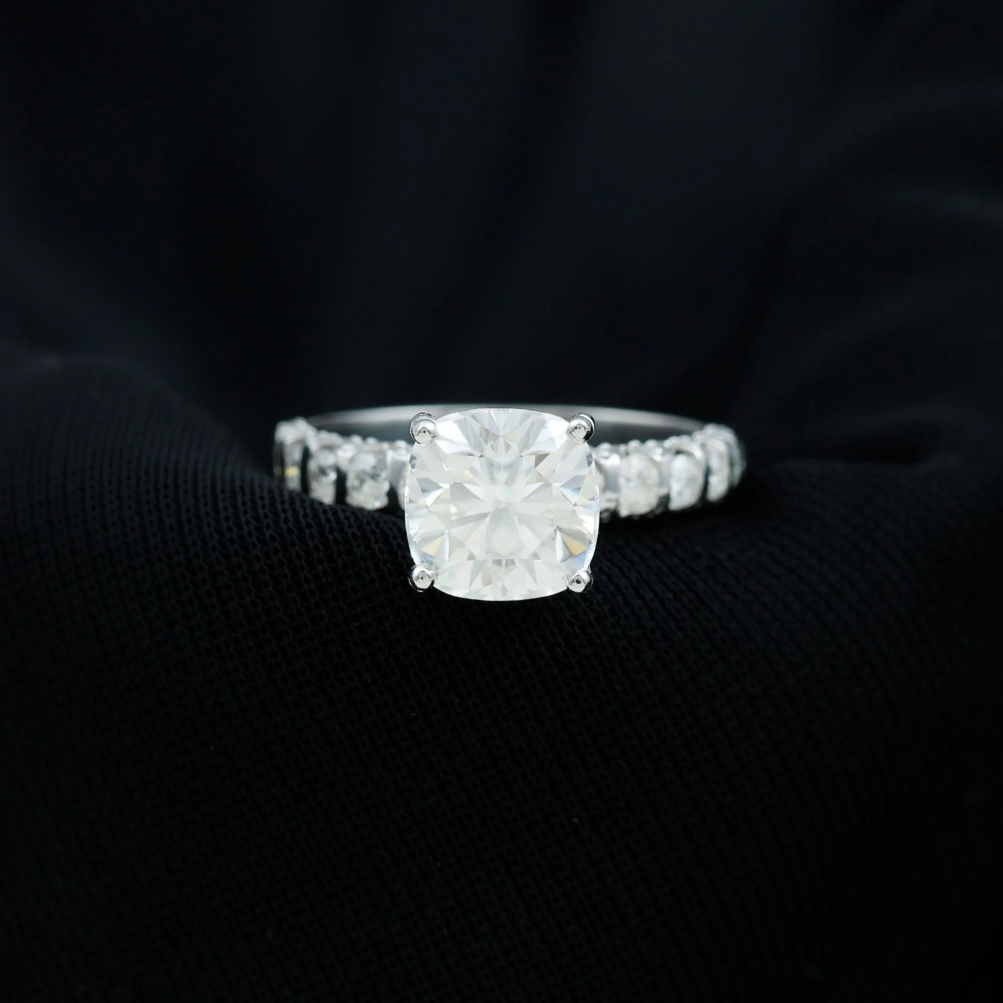 Cushion Cut Zircon Engagement Ring with Side Stones