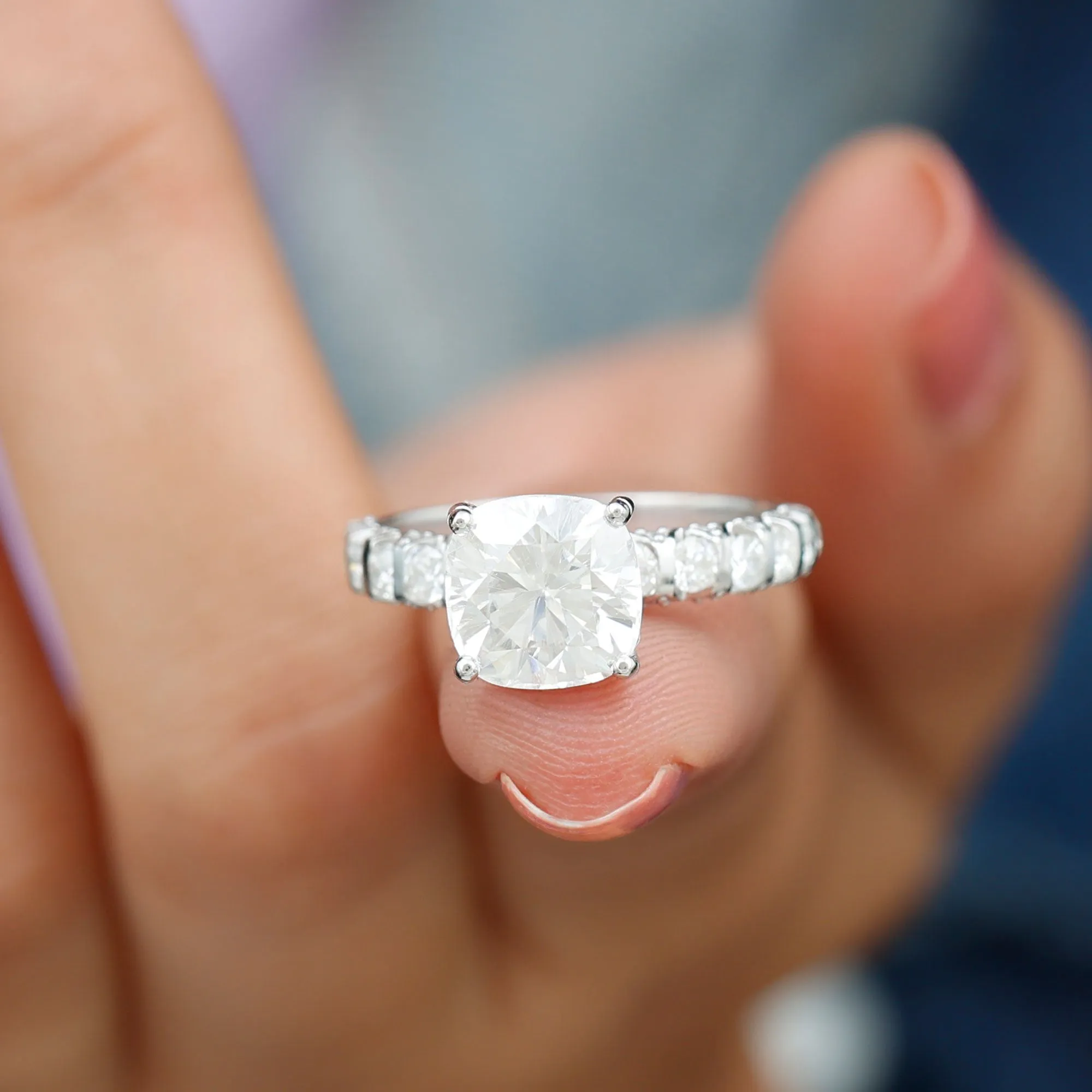 Cushion Cut Zircon Engagement Ring with Side Stones