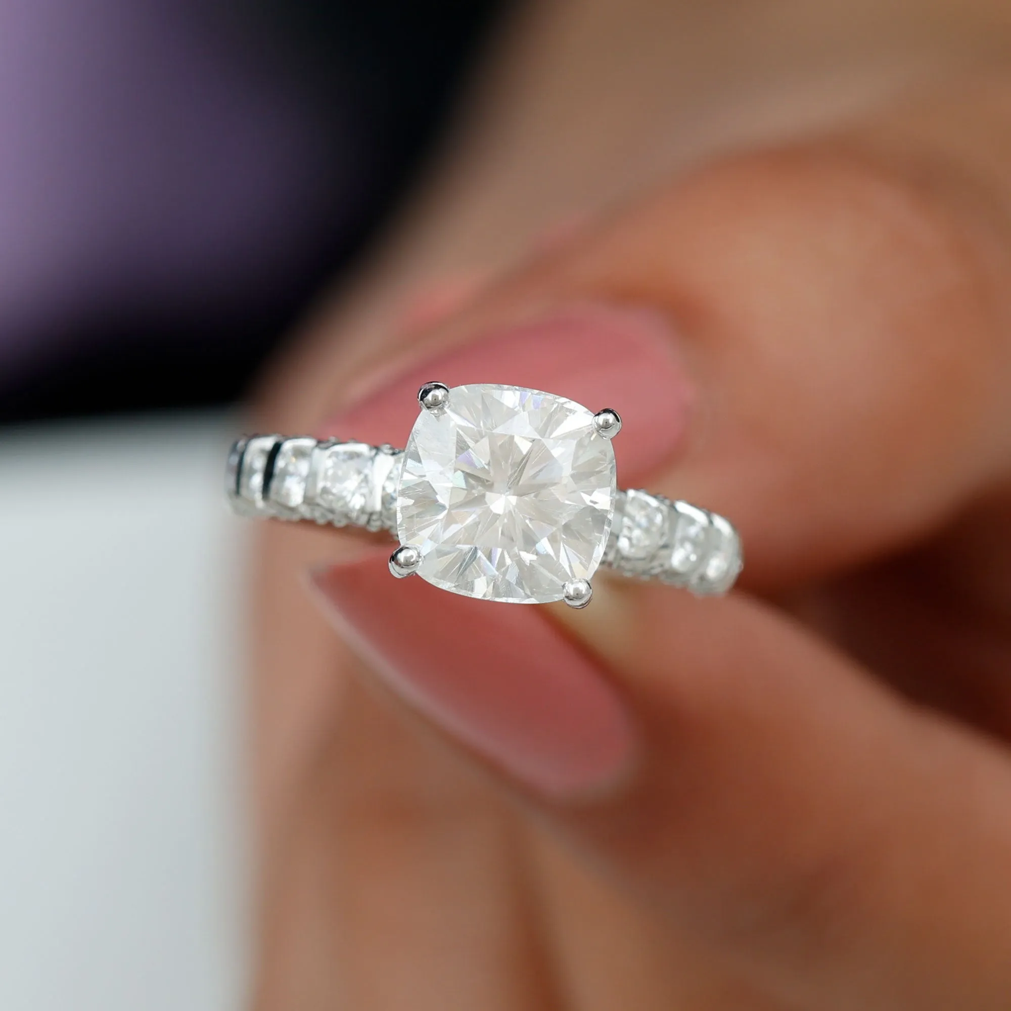 Cushion Cut Zircon Engagement Ring with Side Stones
