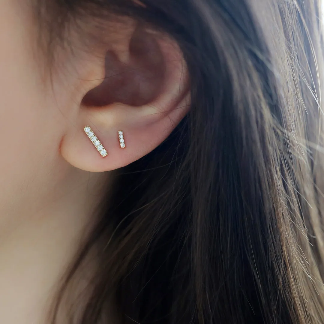 CZ Pave Bar Stud Earring- 14K Gold