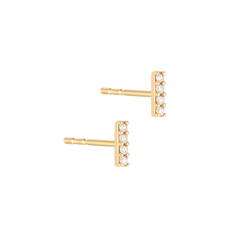 CZ Pave Bar Stud Earring- 14K Gold