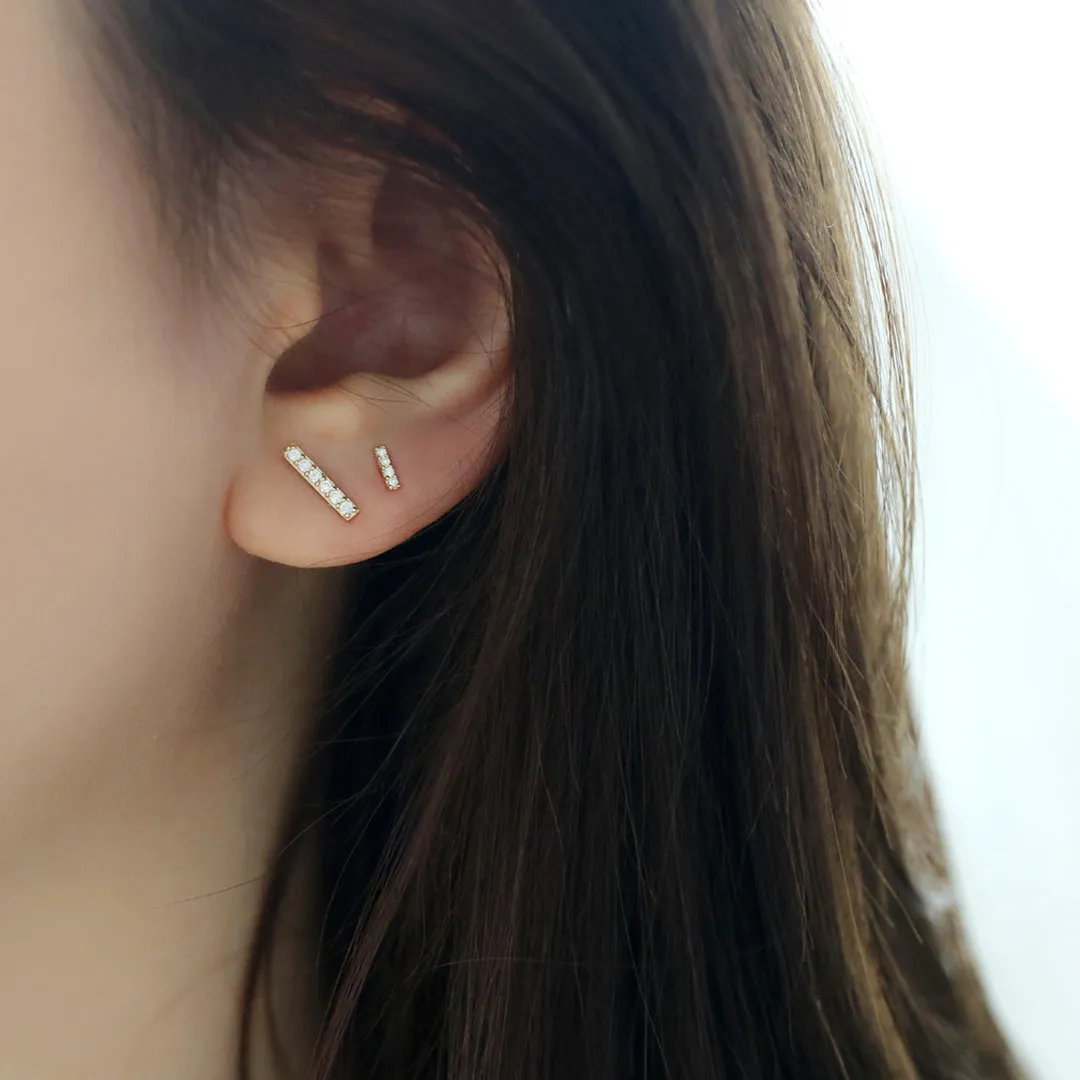 CZ Pave Bar Stud Earring- 14K Gold