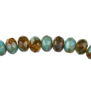 Czech Glass 9mm Opaque Blue and Transparent Amber with Picasso Roundel Bead Strand by Raven's Journey