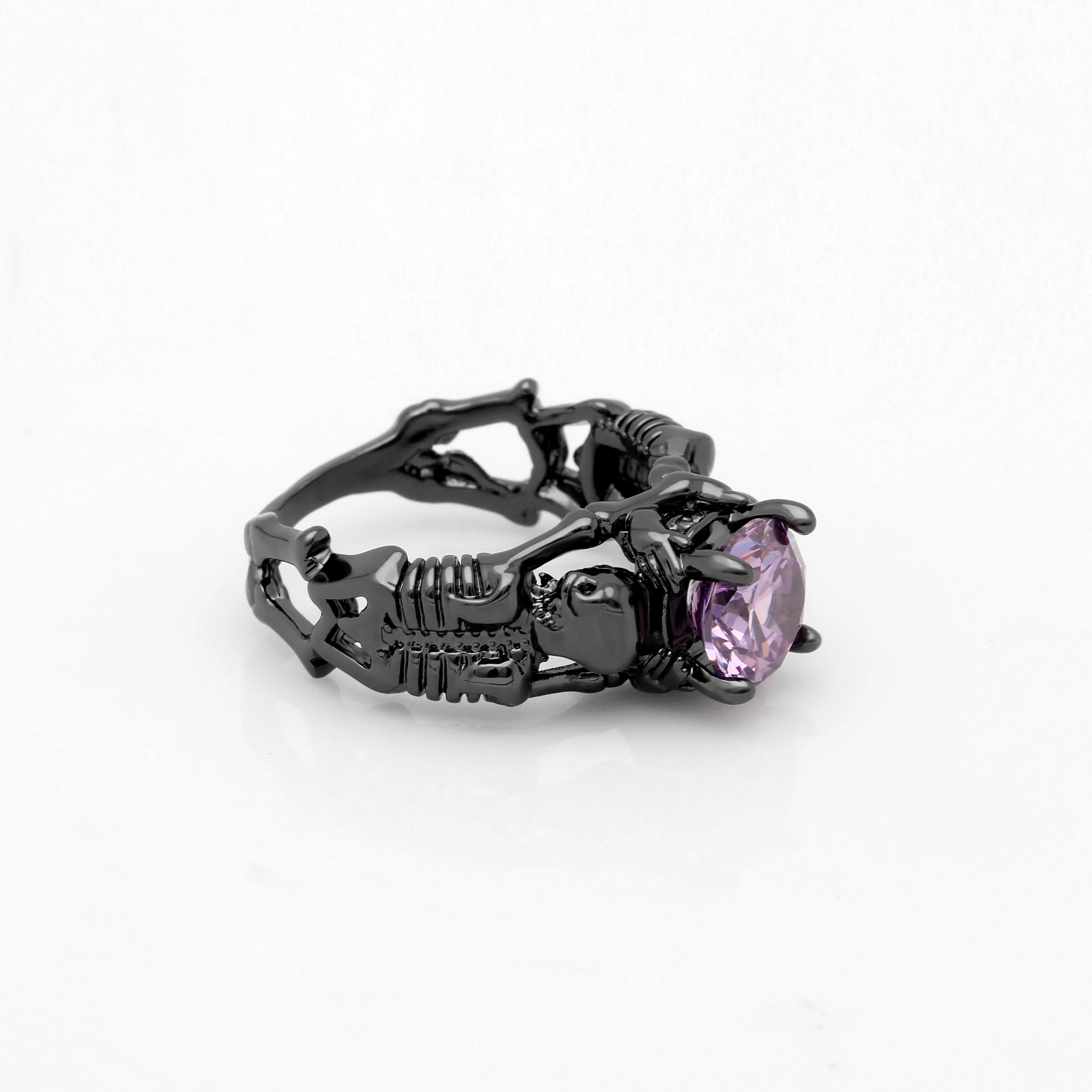'Deathly Duo' gunmetal black tone purple stone ring