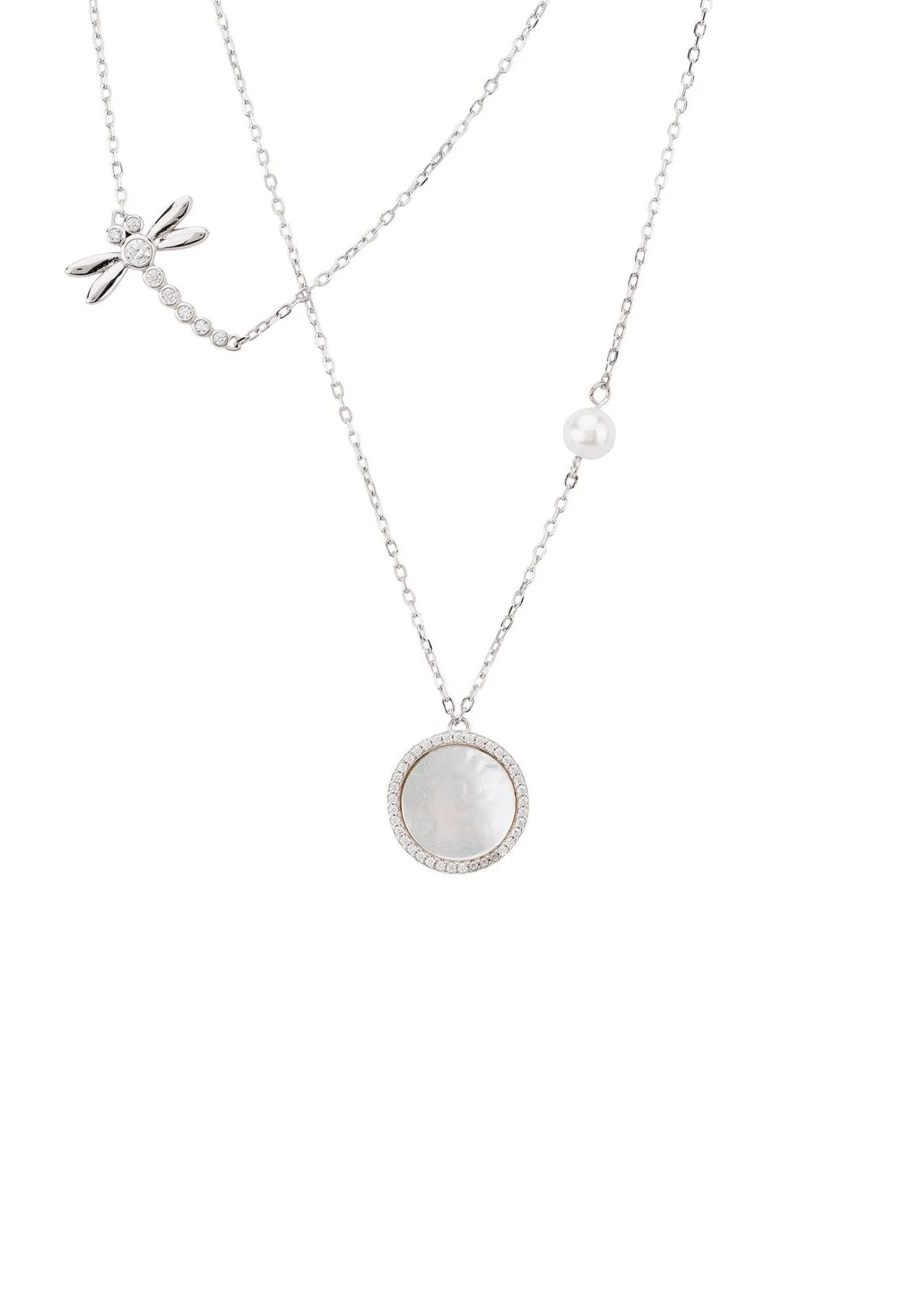 Dragon Fly Mother Of Pearl Layered Necklace Silver