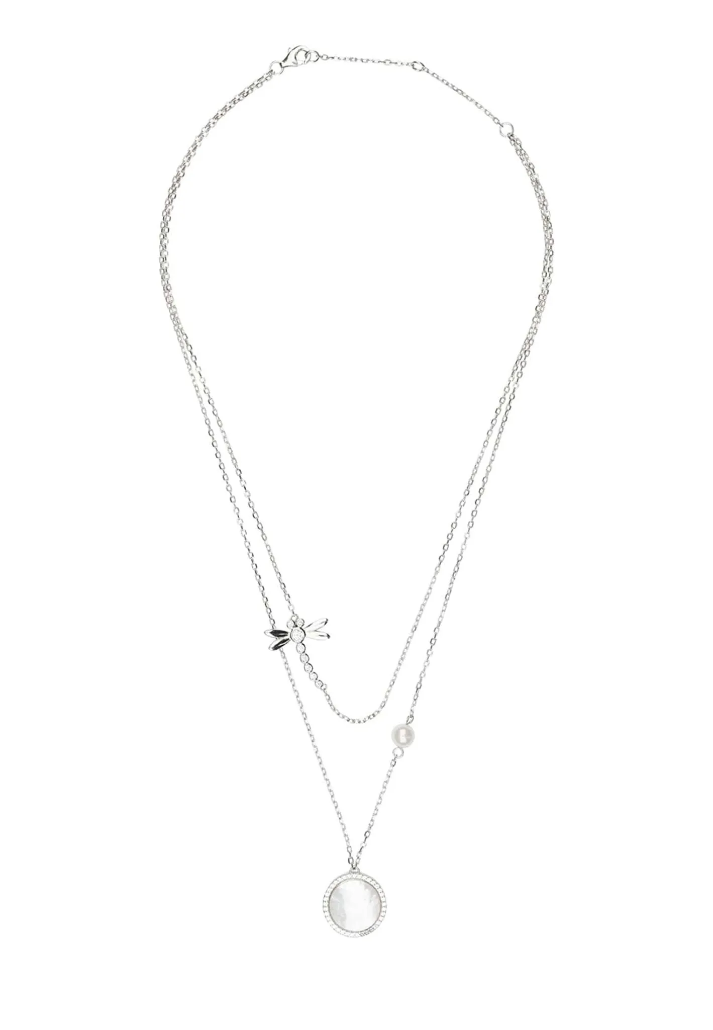 Dragon Fly Mother Of Pearl Layered Necklace Silver