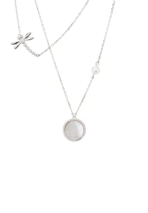 Dragon Fly Mother Of Pearl Layered Necklace Silver