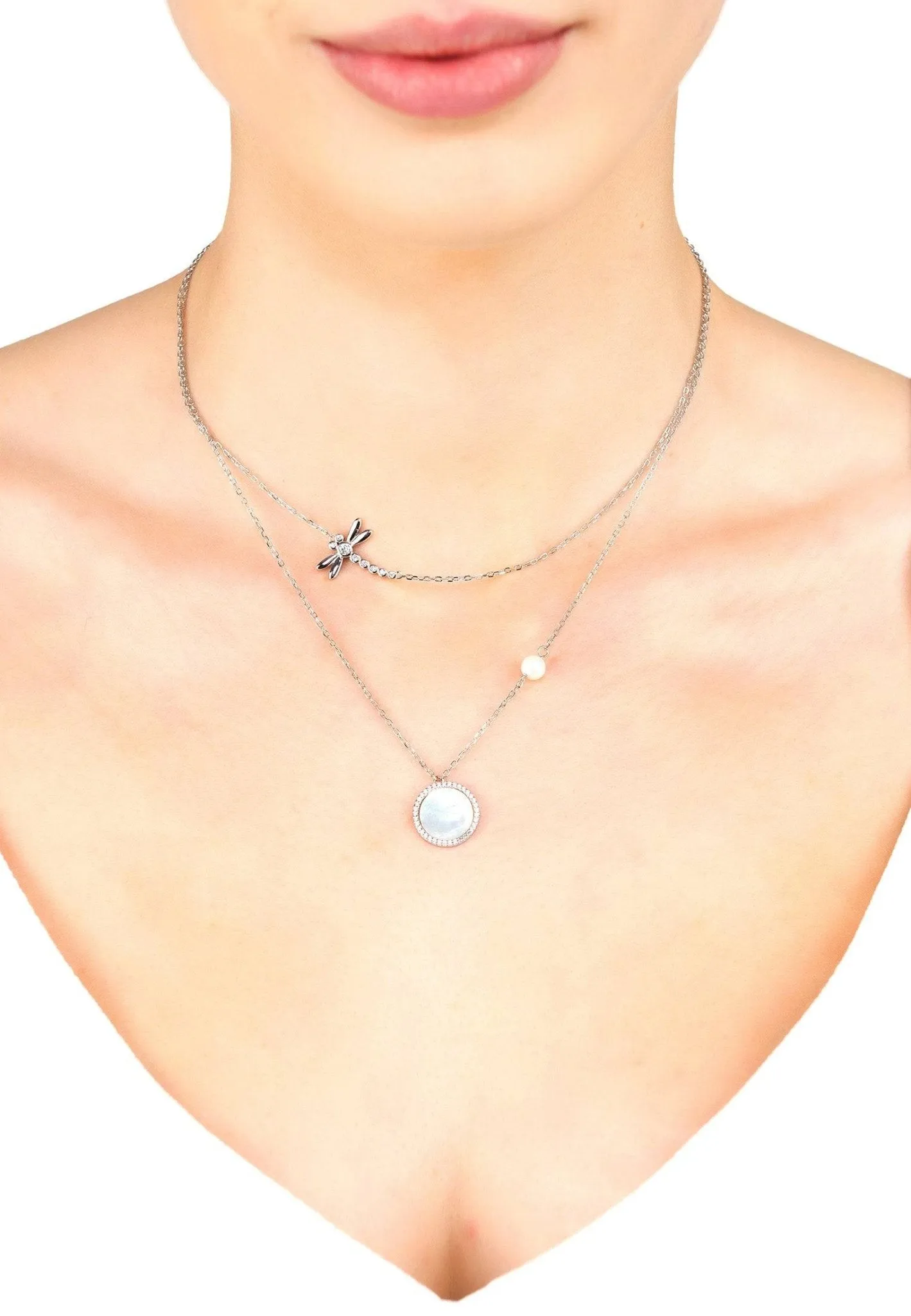 Dragon Fly Mother Of Pearl Layered Necklace Silver