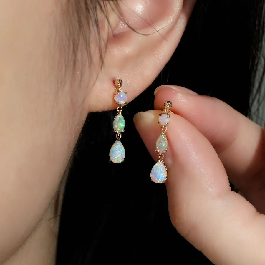 Elegant Multi-Stone Dangle Solid Opal Drop Earrings 18K Gold