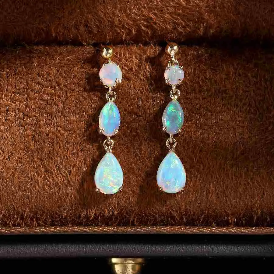 Elegant Multi-Stone Dangle Solid Opal Drop Earrings 18K Gold