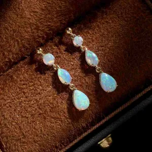 Elegant Multi-Stone Dangle Solid Opal Drop Earrings 18K Gold