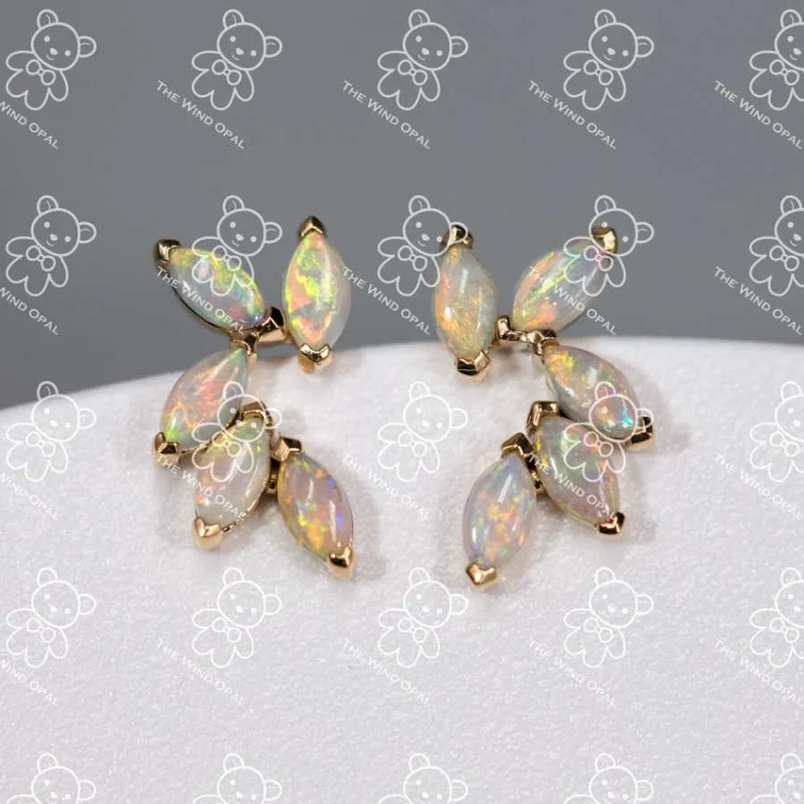 Feather Design Australian Solid Opal Stud Earrings 18K Yellow Gold