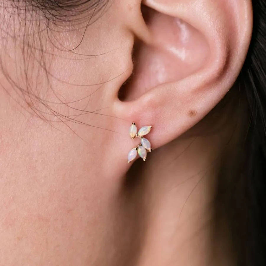 Feather Design Australian Solid Opal Stud Earrings 18K Yellow Gold
