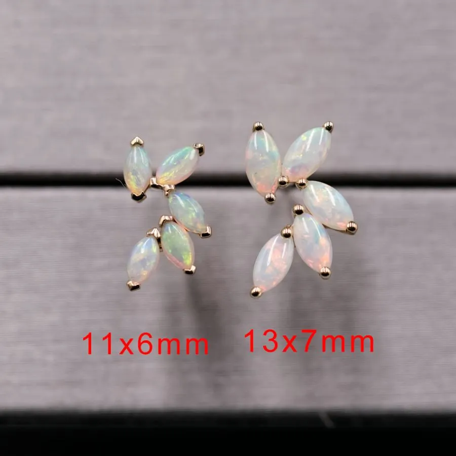 Feather Design Australian Solid Opal Stud Earrings 18K Yellow Gold