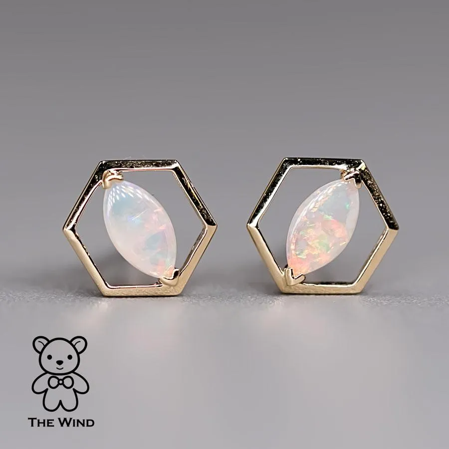 Geometric Hexagon Shaped Australian Solid Opal Stud Earrings 14K Yellow Gold