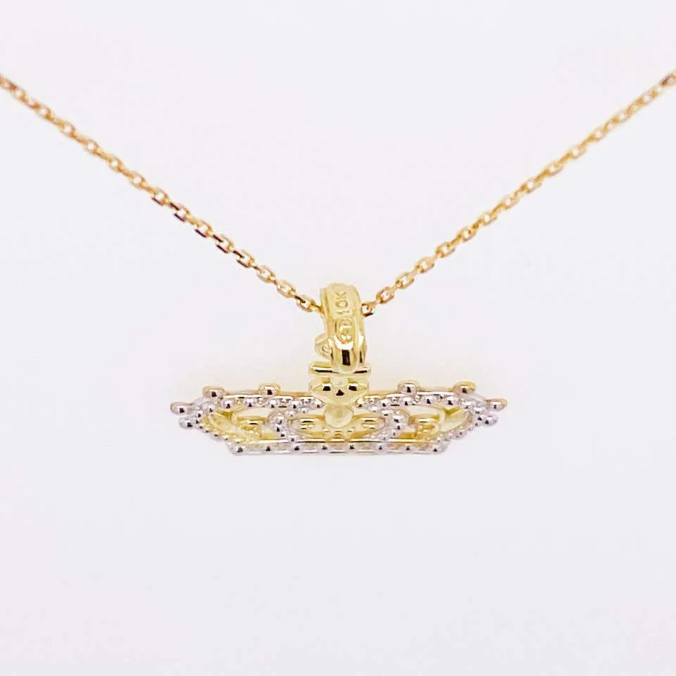 Gold Crown Necklace, Pendant, 14K Gold, Queen, Princess, Royalty, Mixed Metal