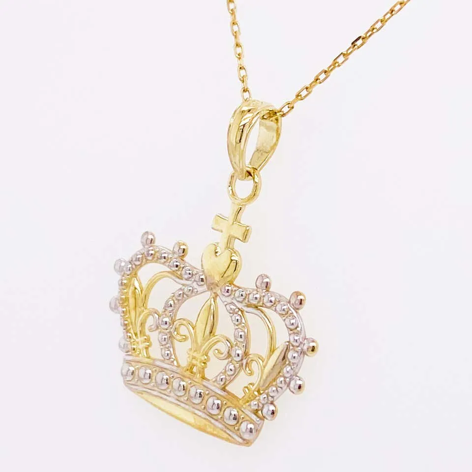 Gold Crown Necklace, Pendant, 14K Gold, Queen, Princess, Royalty, Mixed Metal