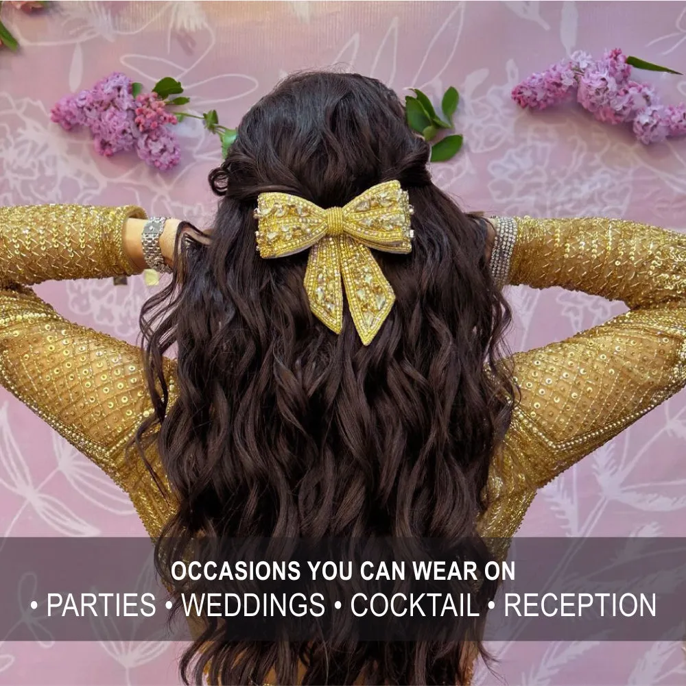 Hair Drama Co Pearl Embellished Crystal Hair Bow Barrette Clip - Golden