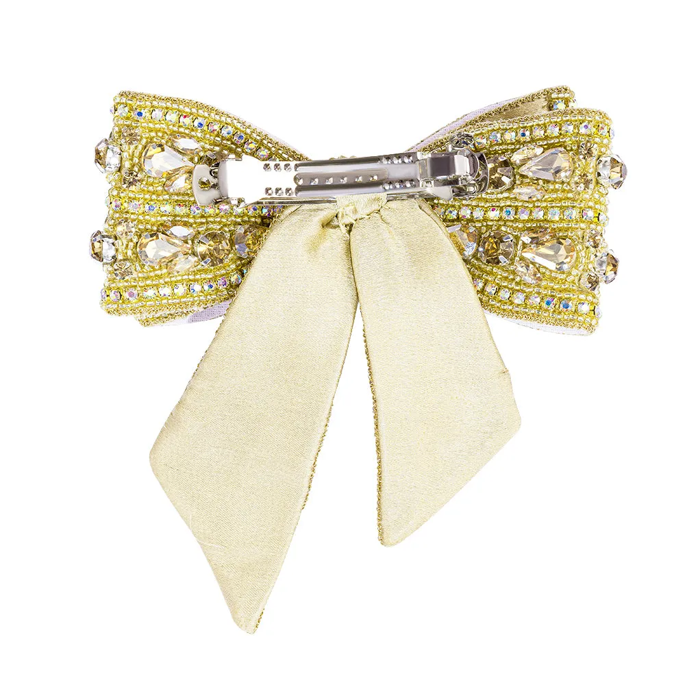 Hair Drama Co Pearl Embellished Crystal Hair Bow Barrette Clip - Golden