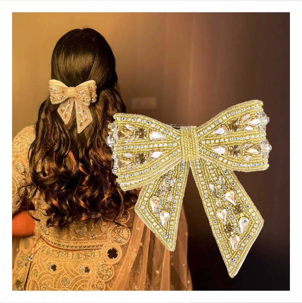 Hair Drama Co Pearl Embellished Crystal Hair Bow Barrette Clip - Golden