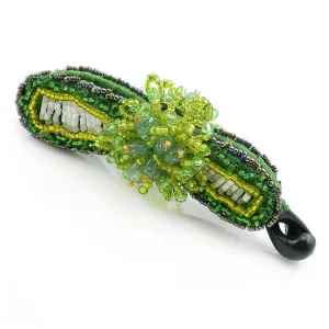 Hand Beaded Vertical Floral Hair Barrette Green