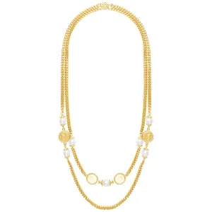Layered Necklace In Gold Pearl with Roman Coins