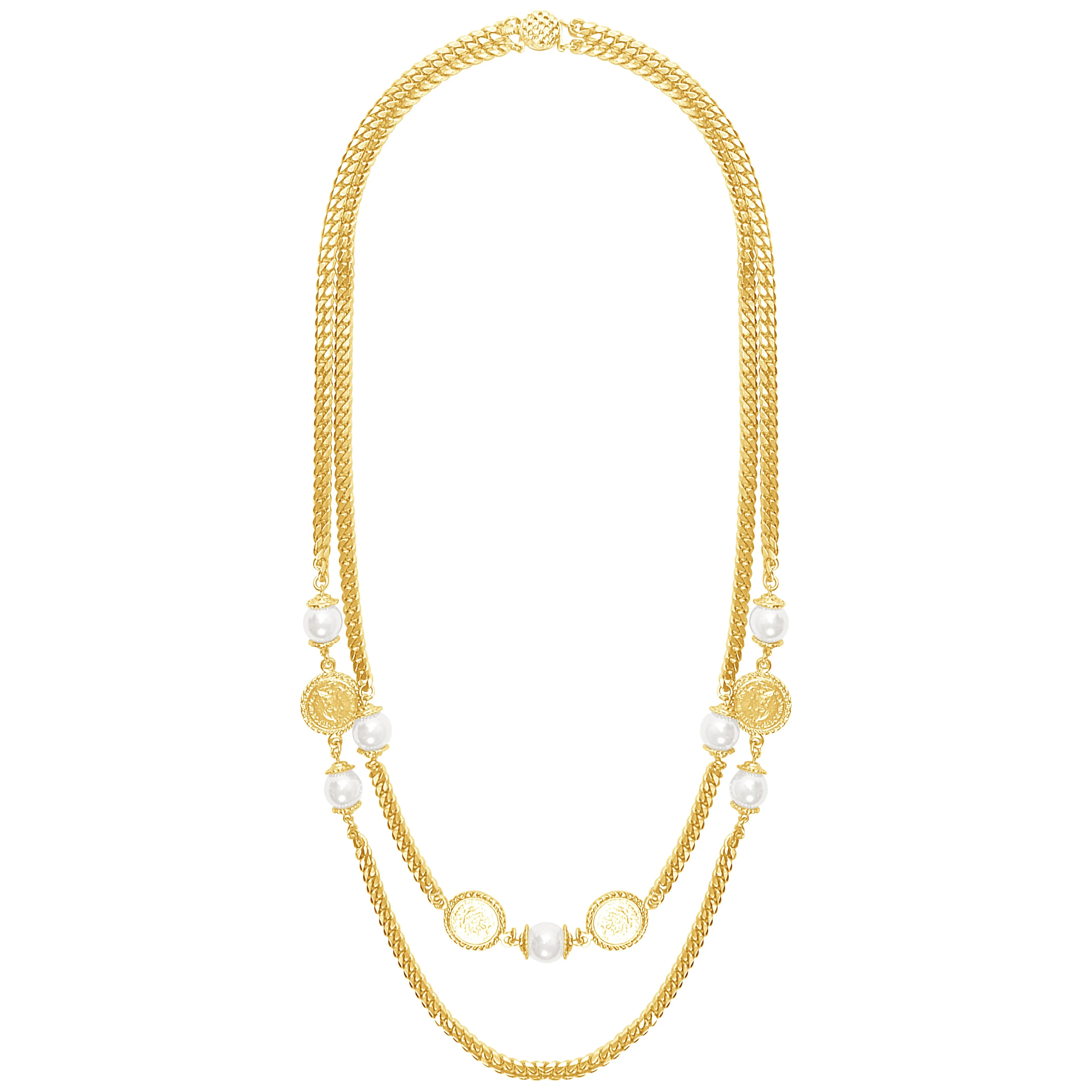 Layered Necklace In Gold Pearl with Roman Coins
