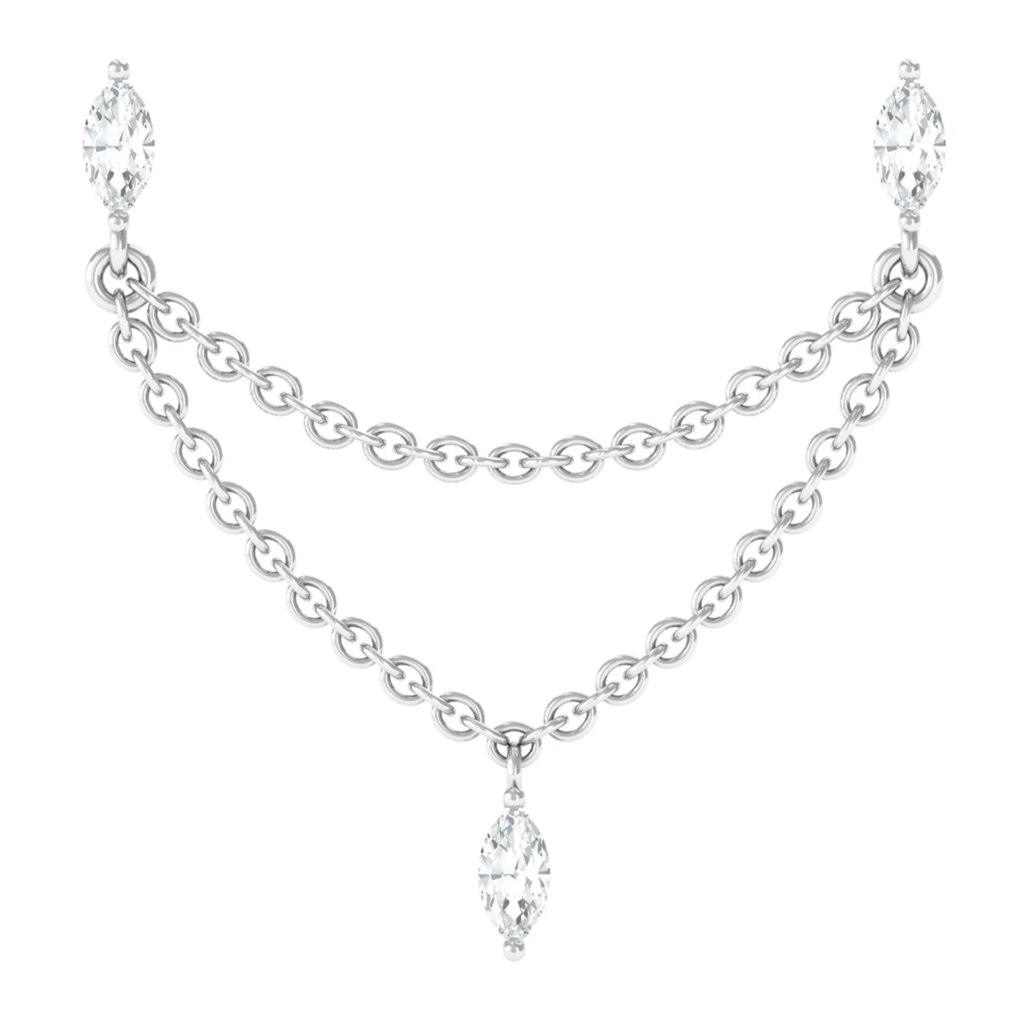 Marquise Diamond Double Piercing Earring with Dangling Chain