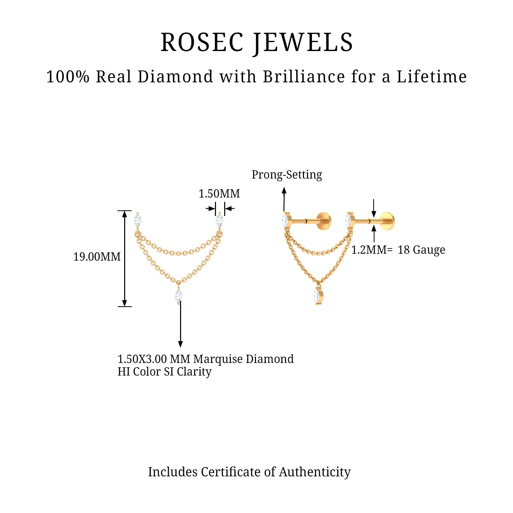 Marquise Diamond Double Piercing Earring with Dangling Chain