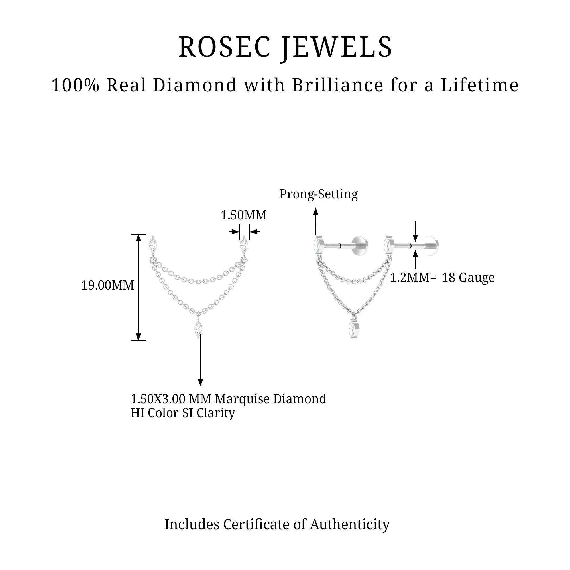 Marquise Diamond Double Piercing Earring with Dangling Chain