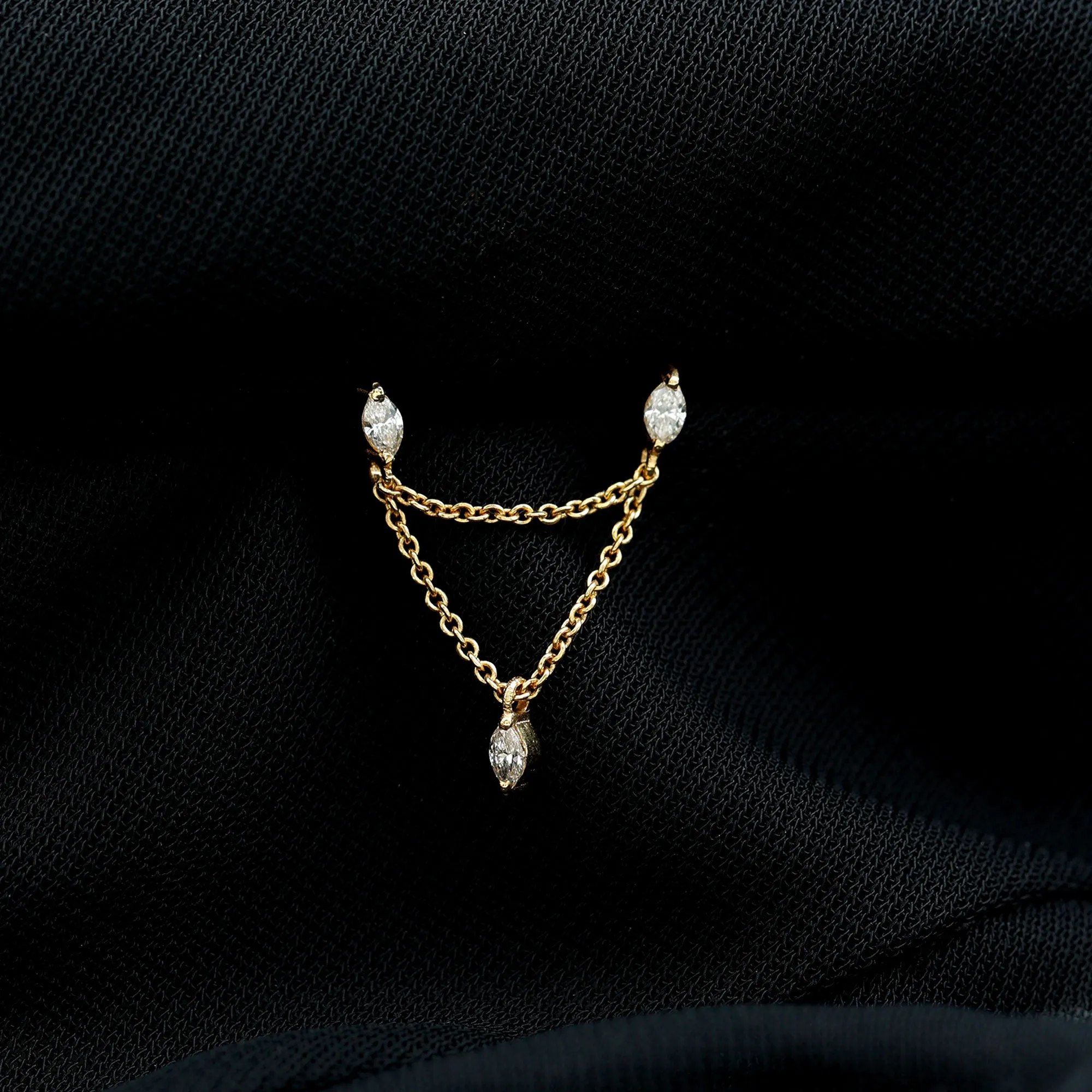 Marquise Diamond Double Piercing Earring with Dangling Chain