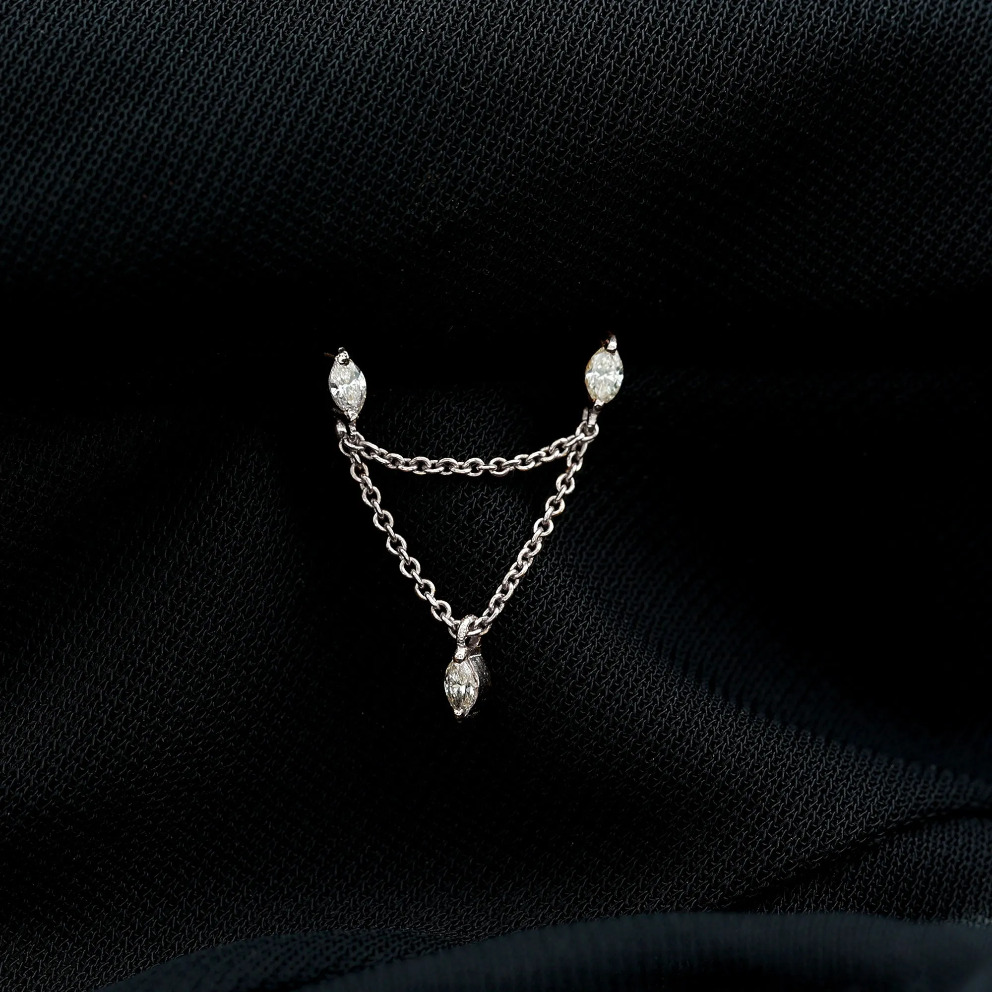 Marquise Diamond Double Piercing Earring with Dangling Chain