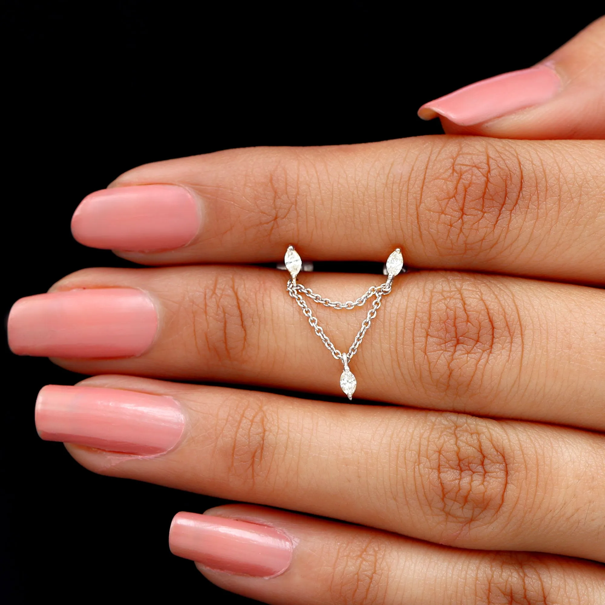 Marquise Diamond Double Piercing Earring with Dangling Chain