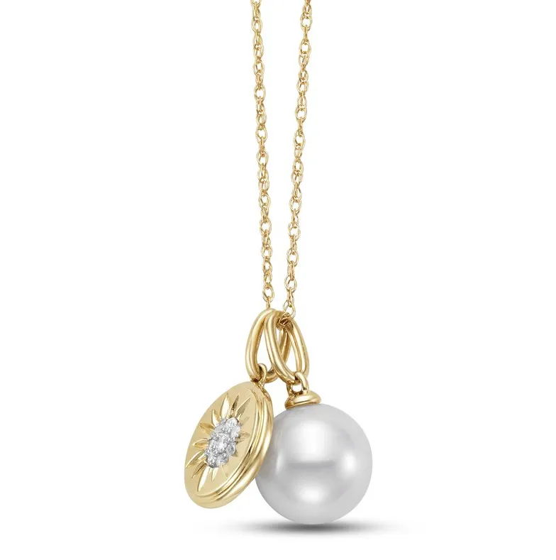 Mastoloni 14k Yellow Gold Pearl and Diamond Flower Pendant Necklace