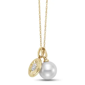 Mastoloni 14k Yellow Gold Pearl and Diamond Flower Pendant Necklace