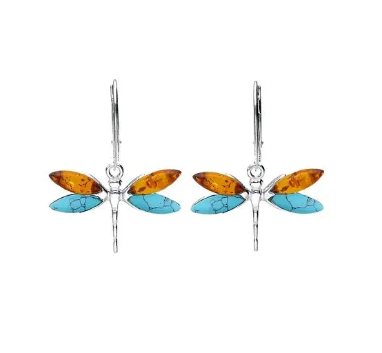 MILENA Baltic Amber & Turquoise Dragonfly Drop Earrings