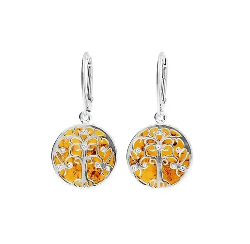 MILENA Baltic Amber CZ Tree of Life Drop Earrings