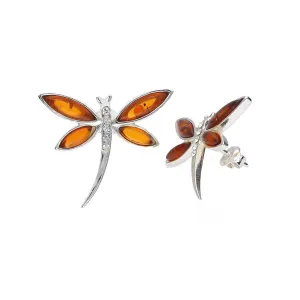 MILENA Stud Earrings Silver and Baltic Amber Dragonfly