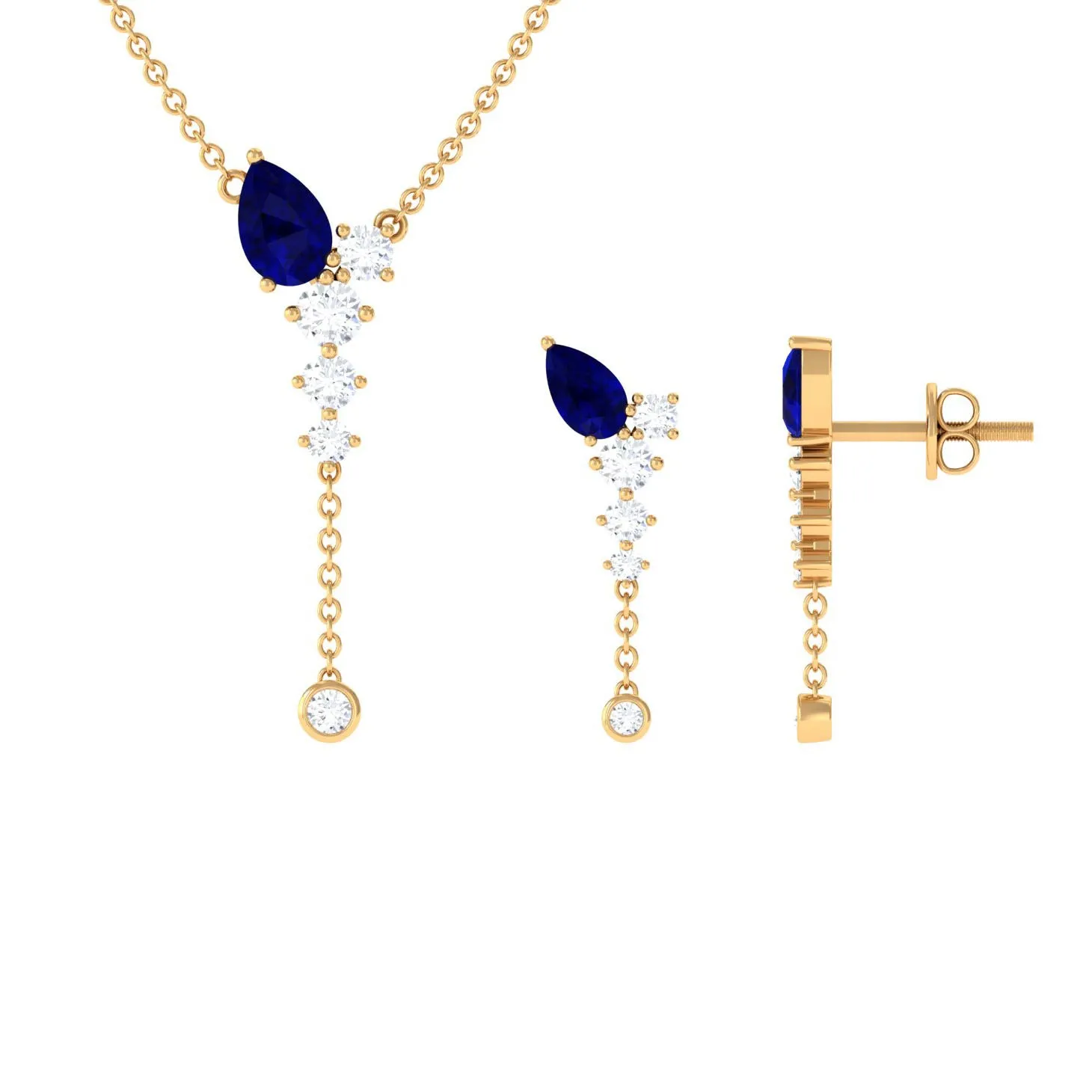 Minimal Blue Sapphire Dangle Necklace and Earrings Set with Diamond