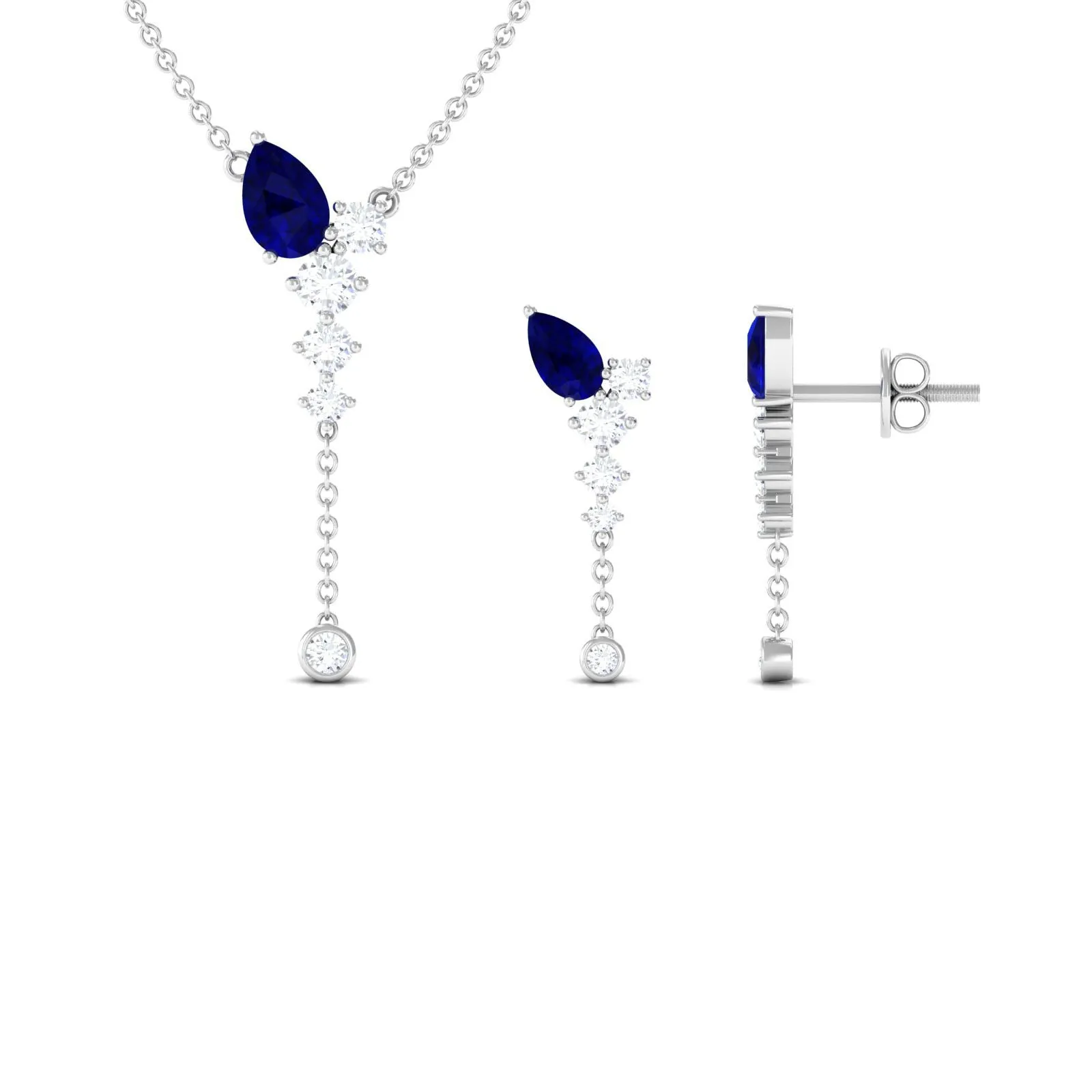 Minimal Blue Sapphire Dangle Necklace and Earrings Set with Diamond