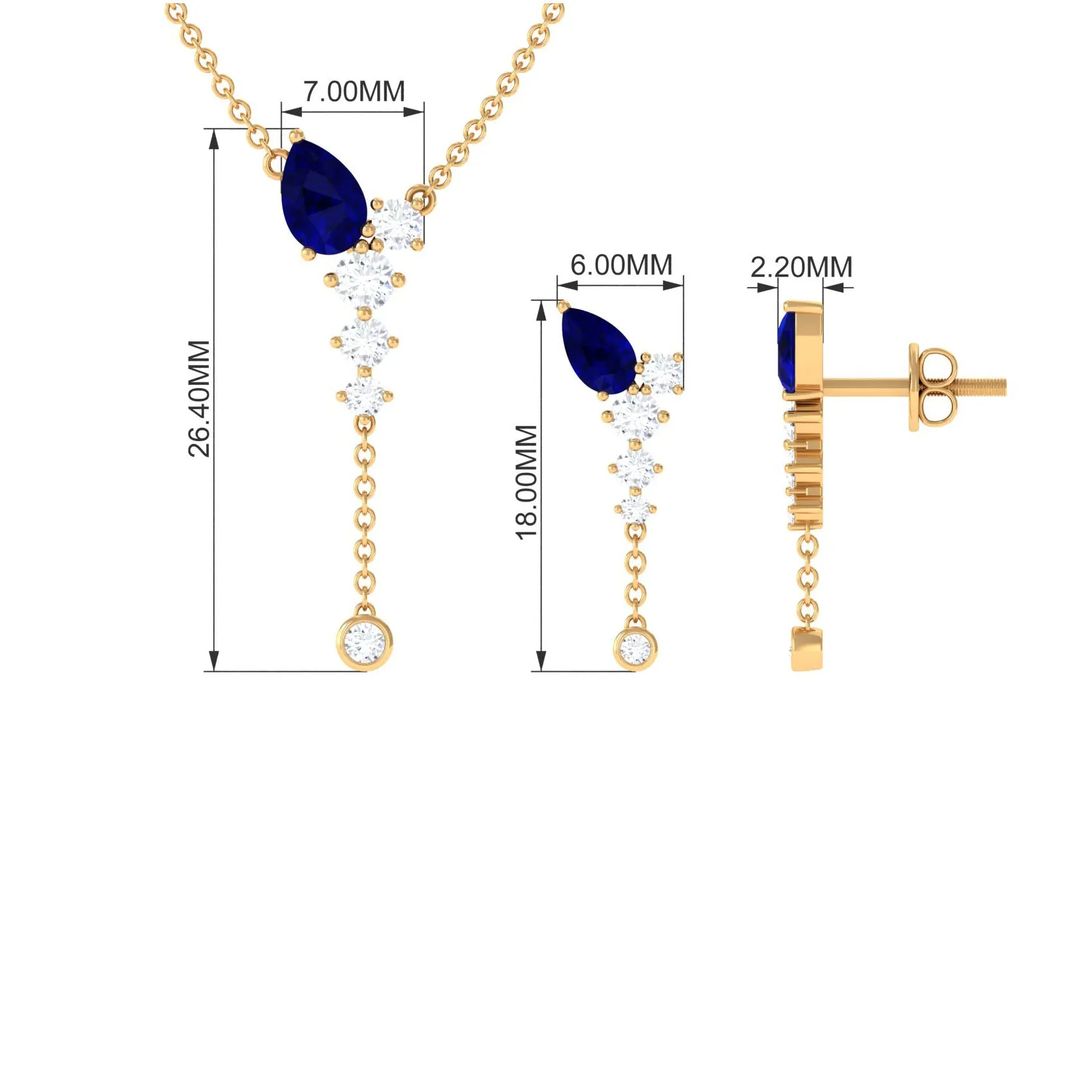 Minimal Blue Sapphire Dangle Necklace and Earrings Set with Diamond