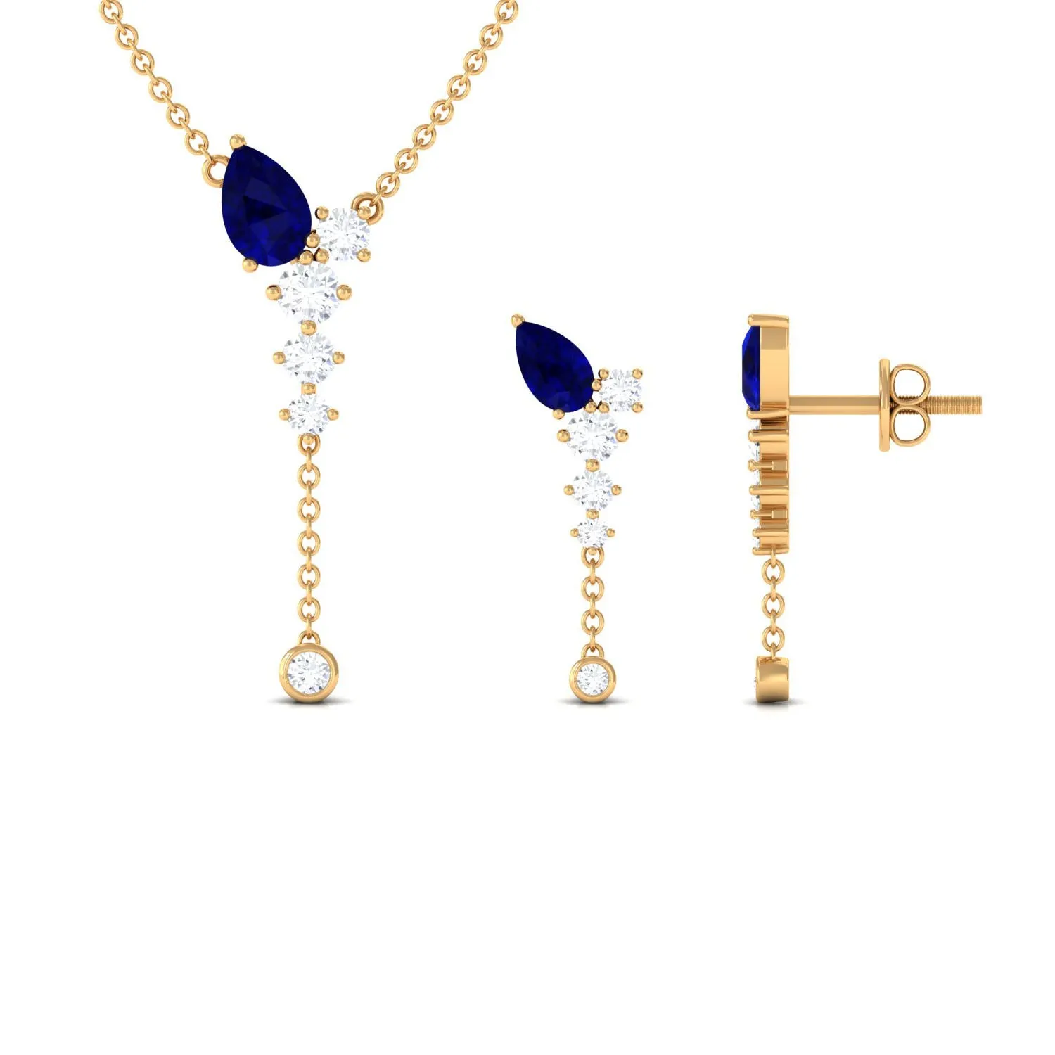 Minimal Blue Sapphire Dangle Necklace and Earrings Set with Diamond