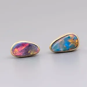 Minimalist Free Shaped Australian Doublet Opal Stud Earrings 18K Yellow Gold