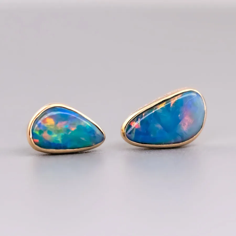 Minimalist Free Shaped Australian Doublet Opal Stud Earrings 18K Yellow Gold
